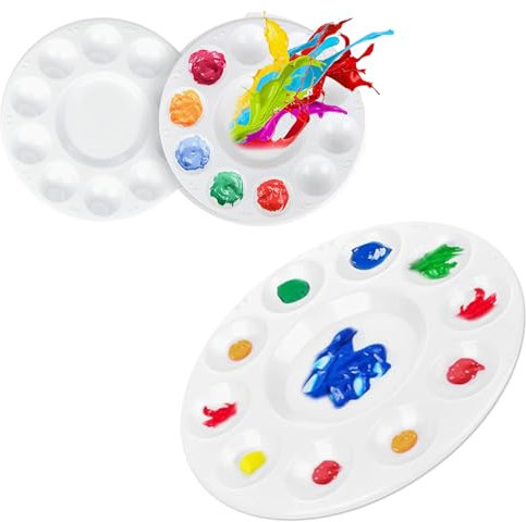 3 Pcs Round Plastic Paint Palette, 6.7 inch Painting Palette Paint Tray Palettes with 10 Wells and 1 Central Reservoir for Painting and Oil DIY Craft Art Painting