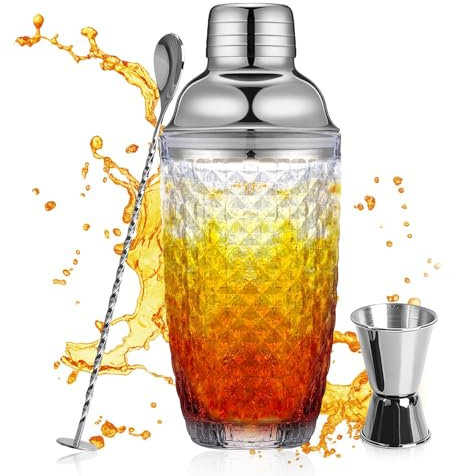Glas Cocktail Shaker Set Cocktailshaker - 400ml Cocktail-shaker Silver mit Messbecher Rührlöffel, Mischgetränke-Shaker, Cocktail Zubehör für Bar, Startseite, Partei
