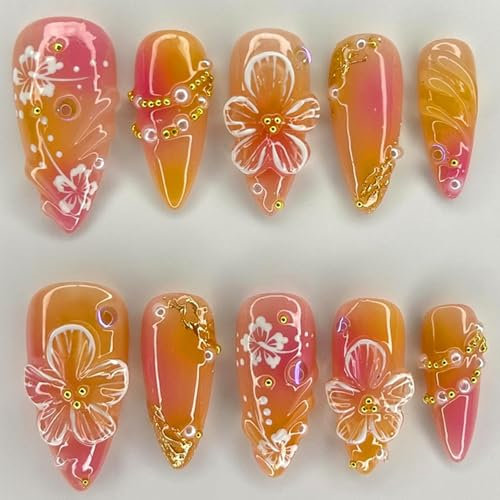 GlamRays 24 pièces d'ongles autocollants hibiscus printanier, faux ongles amande de taille moyenne avec design cristal perles dorées 3D, fleurs, dégradé rose-jaune