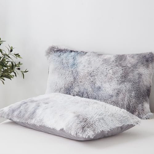 Freyamy Plüsch Kissenbezug 40x80cm 2er Set Grau Langhaar Kunstfell Kopfkissenbezug Flanell Samt Biber Flauschig Kissenhülle Winter Warme Zierkissenbezug