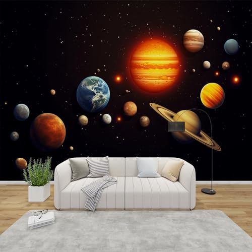 QEODAH 3D Tapete Weltraum Schlafzimmer, Fototapete Kinder Planeten, Vliestapete Orange Schwarz, Tapeten Wohnzimmer, Sonnensystem Wand Deko Kinderzimmer, Wandtapete, Mustertapete Vlies 350x256 cm