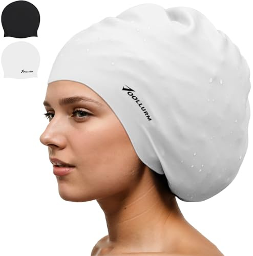 2 Pack Extra Large Swimming Cap for Long Hair (Black, White)