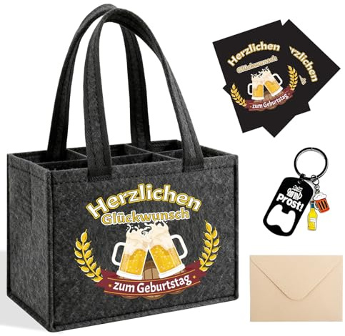 Bingqiling Biertasche aus Filz für 6 Flaschen mit Flaschenöffner Anhänger - Witziges Geburtstagsgeschenk für Männer, Kollegen, Vater - Inklusive Grußkarte