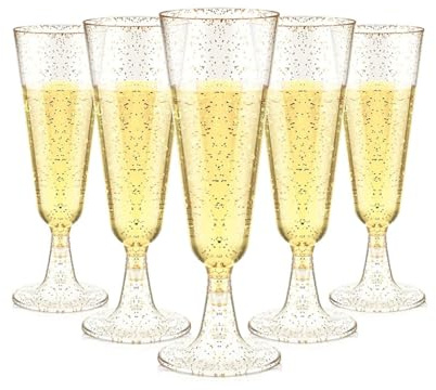 SFHKZCM 50 Premium Plastic Champagne Flutes with Gold Glitter,150ml Reusable Plastic Champagne Flutes Cups, Transparent Cups for Cocktail, Wine, Dessert, Parties, Weddings, Birthdays