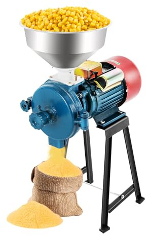 VonVVer Molinillo de cereales eléctrico de 2200 W con embudo, acero inoxidable hasta 60 malla, molinillo de grano industrial para cereales, maíz, café, pienso y paja, 220 V, enchufe europeo