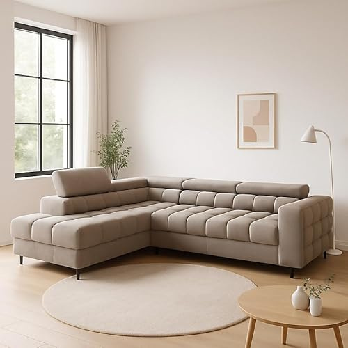 Agritrade AK Modern Ferucce Corner Sofa Bed with Storage Adjustable Headrests and Wavy Springs Beige Left Side