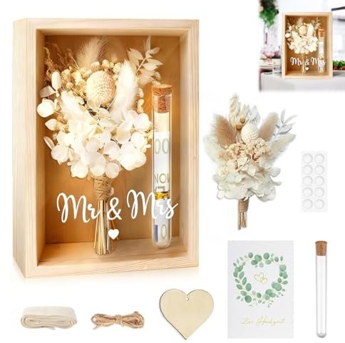 Hochzeitsgeschenke für Brautpaare, Geldgeschenke Hochzeit | Mr und Mrs Geschenkbox inklusive Getrocknete Blumen, Holzbox, Kunststoff Reagenzglas, Liebe Holz, Grußkarte, Seil