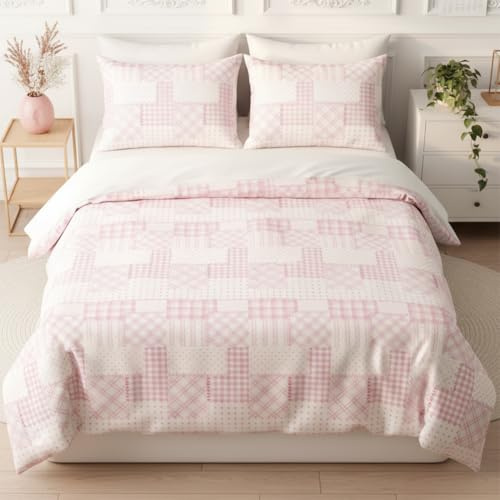 Nayoroom Bettwäsche 135x200 Rosa Patchwork Bettbezug mit Kissenbezug 80x80 | ÖKO-TEX, Microfaser, Wendebettwäsche mit Reißverschluss, Einzelbett, 2teilig