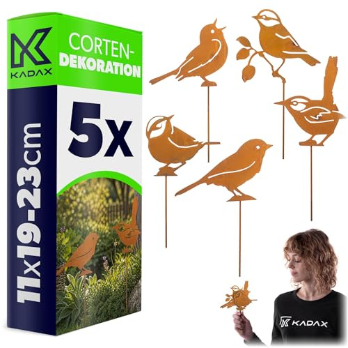 KADAX 5er Set Gartenstecker Vögel aus Cortenstahl, Metall Gartendeko in Rostoptik, Rost Stecker für Garten, Edelrost Gartendekoration zum Stecken, Blumenstecker
