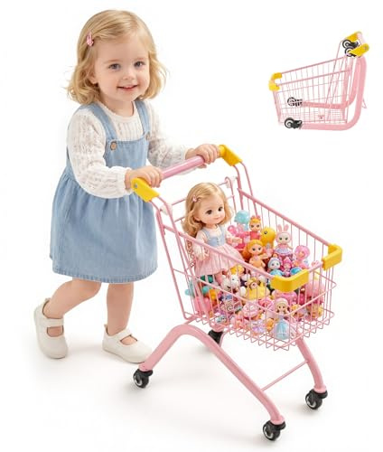 VEVOR Chariot de Courses pour Enfants, Cadre en Acier, Chariot de Supermarché Jouet avec Roues Pivotantes, pour Enfants de 3 Ans et Plus, Panier en Maille Dense, Pliable et Panneau Arrière Relevable