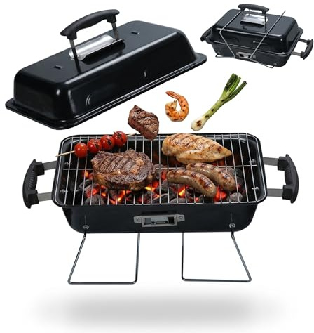 Relaxdays Tischgrill, tragbarer Klappgrill, HBT: 36 x 56 x 30,5 cm, schwarz | Belüftung, Deckel, Campinggrill, Stahl