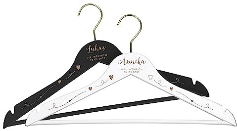 LAUBLUST 2er Kleiderbügel Set - Bügel Hochzeit Personalisiert - Schwarz & Weiß, Holz, mit Herzen - ca. 44 cm - Serie: Willich