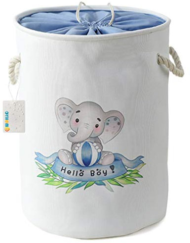OYHOMO Faltbare Aufbewahrungskorb Große Stoff Wäschekorb Kinderzimmer Baby Organizer Schön Aufbewahrungskiste mit Kordelzug für Spielzeug, Kleidung, Wäsche (Blau Elefant)