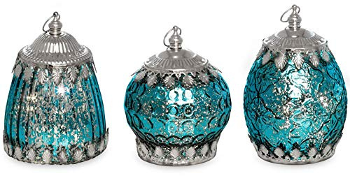 Deko Glaslaternen Set 3-teilig türkis - LED Laternen aus Glas & Metall 13,5-15 cm mit Lichterkette, An/Aus-Schalter & Aufhänge-Ring - stilvolle Tischdeko & Wohnzimmer Deko Geschenkidee