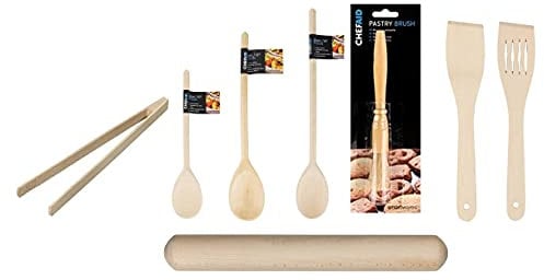 Chef Aid 8 Piece Everyday Wooden Utensil Pack with Spoons, Rolling Pin, Spatula, Pastry Brush and Toast Tongs