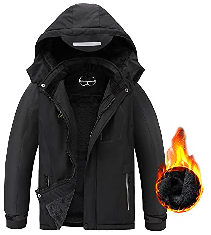 AFILOK Boy's Ski Jacket Waterproof Breathable Kids Fleece Lined Windproof Hooded Snowboard Coats, Black, 10-12