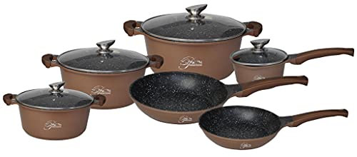 cofi1453® 10-Teilig Kochgeschirr-Set Topf Induktion Alu Guss Pfanne Topfset Kochtopfset Marmor Kupfer
