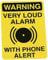 Pack of 4 Warning very loud alarm with phone alert security signs. 70mm x 100mm self adhesive vinyl. Reverse printed window stickers to face outwards