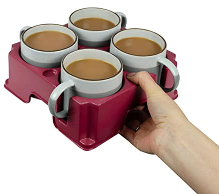 muggi 4 Cup Holder - Reusable Non Spill Drink Holder - Portable Drink Caddy for Motorhome, Caravan, Camping - Mobility Aid Cup Carrier - Hot Drinks Tray, Tea, Coffee & Bottle Holder - Rustic Red