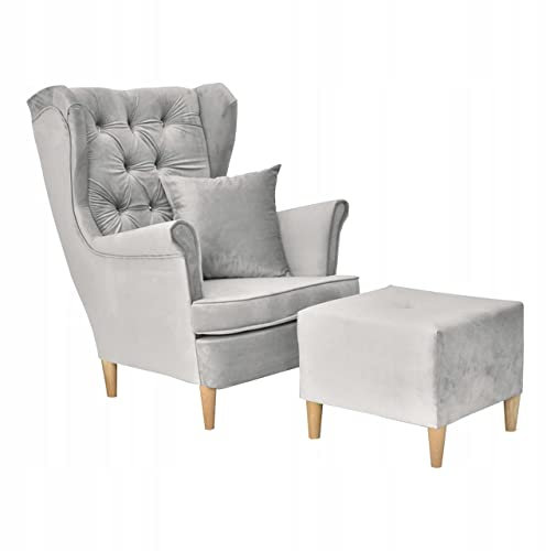 Family Meble Ohrensessel mit Hocker, Modell Gaja, Skandinavisch, Relaxsessel aus Webstoff, Loungesessel, Ohrensessel mit Hocker, Bequemer Sessel, Für Wohnzimmer, Esszimmer, Schlafzimmer, Hellgrau