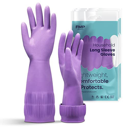 [12 Pairs] Dishwashing Kitchen Cleaning Long Sleeve Gloves Small Size Purple Color - Reusable Heavy Duty Glove, Rubber, Plastic Vinyl Waterproof for Household Home, Dishes Washing Scrubbing