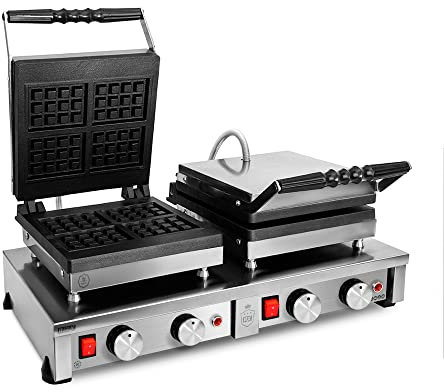Romux® Gofrera Electrica Profesional Doble de Sobremesa | Gofrera Industrial para Hosteleria de Acero Inoxidable | 610X330X280 mm | 220V | Calentamiento Rápido para Restaurantes