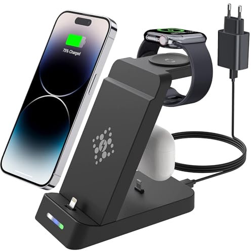 Cargador inalámbrico, 3 en 1 estación de Carga inalámbrica inductiva Compatible con iPhone 12/13/14/15/Pro/Max/Plus/XR/Mini/Apple Auriculares 3/2/Pro/Apple Watch 8/7/6/5/SE (con QC3.0 Adaptador)
