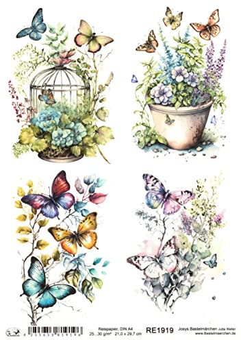 Josys Bastelmärchen Reispapier A4 Strohseide Decoupage Schmetterlinge Blumen Vogelkäfig RE1919