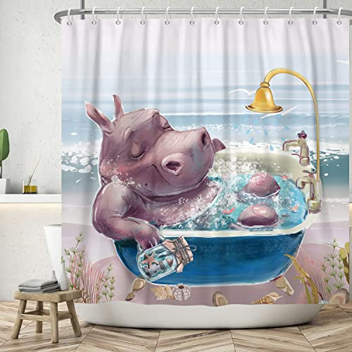 SDOTPMT 180x180cm Rideau de Douche Hippopotame Mignon drôle de Dessin animé Animaux Bord de mer Paysage Rideau de Douche Rideaux de Salle de Bain Modernes et élégants pour Enfants avec Crochets