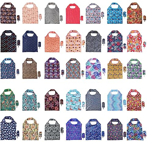Merkaunis 35 Stück wiederverwendbare Einkaufstaschen mit Blumenmuster, faltbar, wiederverwendbare Einkaufstaschen, maschinenwaschbare Taschen, wasserdichte Nylon-wiederverwendbare Einkaufstaschen