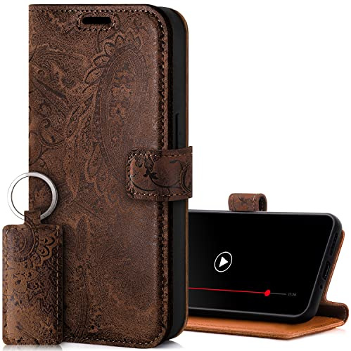 SURAZO Premium Handyhülle für Samsung Galaxy A14 5G Hülle Leder – Klappbare Echtleder Schutzhülle [Magnet, Kartenfach, RFID Schutz, Blumenmuster] Flip Klapphülle Wallet Case Cover Lederhülle (Braun)