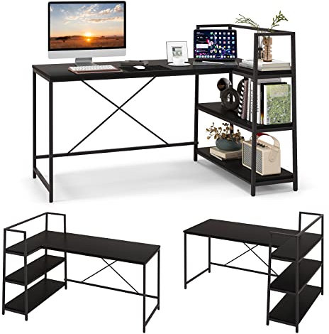 COSTWAY L-Shaped Computer Desk, Large Reversible Corner Desk with Open Storage Shelves, Space-Saving Writing Study Table PC Laptop Gaming Desk, Modern Simple Workstation (Black)