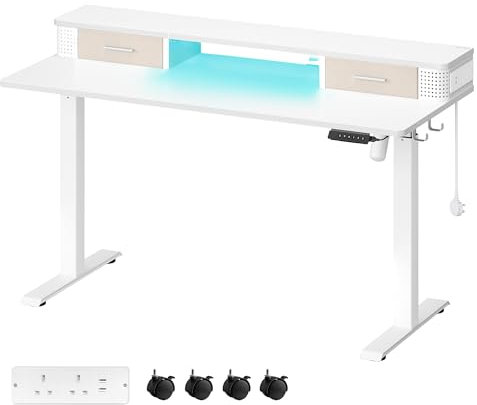 VASAGLE Electric Standing Desk with Built-In Power Strip, 60 x 140 x (72-120) cm, Adjustable Height, Monitor Stand, 2 Hooks and Drawers, Memory Function, Cloud White LSD184W11