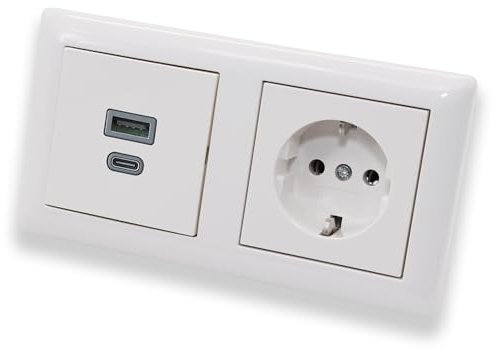 EBROM USB-C und USB-A Unterputz Steckdose/Lader, 45+15 Watt Leistung – Schnellladefunktion für Wearables, Smartphones Tablets + Gira Steckdose mit Kinderschutz 445303 in System 55 reinweiß glänzend