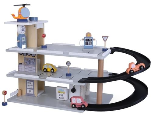 Bandits & Angels Holzspielzeuggarage, Parkplatz, Autowaschanlage mit 3 Etagen, Aufzug – inklusive Autos – Spielzeugautogarage aus Holz – Grau