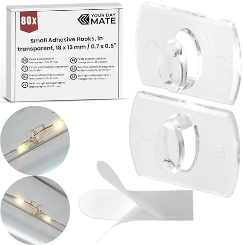 Kleine Klebehaken, 80 Pack, Transparent, 18 x 13 mm, Haken für Lichterkette, Dekoration, Kabel, Aufhänger Licht, selbstklebende Kabel Clips, Minihaken, Befestigungsclips klar, Wandhaken durchsichtig