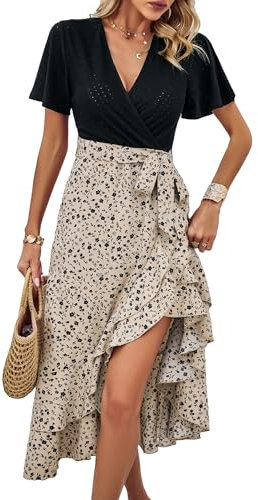 Jiraewh Damen Sommerkleid V-Ausschnitt Kurzarm High Low Wickelkleid Rüschen Midi Patchwork Punkte&Blumen Elegant Cocktailkleid mit Gürtel (DE/NL/SE/PL, Alphanumerisch, M, Regular, Regular, Aprikose)