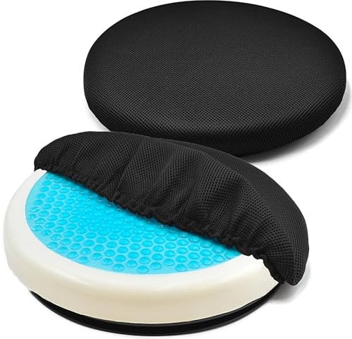 Stephans Möbelbörse 2X Drehkissen mit kühlender Gel-Schicht, orthopädisch, Gelkissen, Drehsitz für Senioren, Inkl. Zusatzbezug, rutschfest, Belastbar bis 170 Kg, Für Sofa Sessel Stuhl 360° drehbar