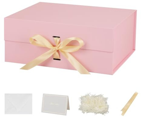 BoxSkivra Grande scatola regalo rosa con nastro, 1 confezione da 33 x 28 x 13 cm, grande scatola regalo con coperchio chiusura magnetica rettangolare pieghevole scatola regalo di lusso per regali di