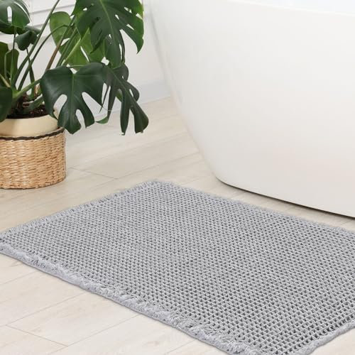 WONGS BEDDING Waffel Badematte,Super Saugfähige Badezimmerteppich,rutschfeste Badteppich für Badezimmerboden Badvorleger Waschbar mit Quasten Ultraweich,Grau 60x40cm