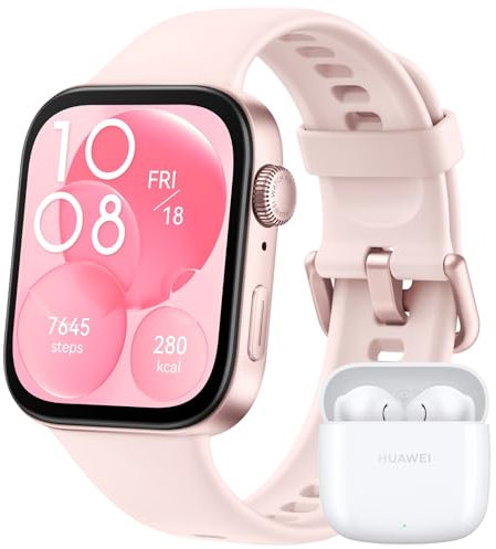 Huawei Watch FIT 3, Écran AMOLED 1,82, Design Ultra-Fin, Gestion Polyvalente de la Forme Physique, Gestion complète de la santé, Compatible avec iOS et Android, Rose + Freebuds SE 2 White