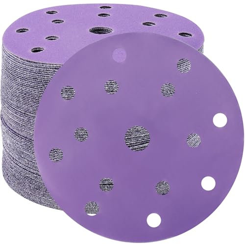STEBRUAM 50pcs 150mm Sanding Discs 800 Grit 15 Holes Hook and Loop Sanding Pads for 6Inch Random Orbital Sander Purple
