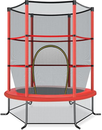 LIFEZEAL Trampolin Ø 165 cm mit Sicherheitsnetz, Mini-Trampoline Indoor, Gartentrampolin für Training & Unterhaltung, Kindertrampolin für Kinder von 3-6 Jahren (Rot, Ø 165 x 191 cm)