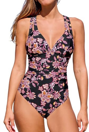 CUPSHE Costume da bagno da donna con scollo a V, doppia spallina, con chiusura incrociata, per costume da bagno, nero/rosa antico, L