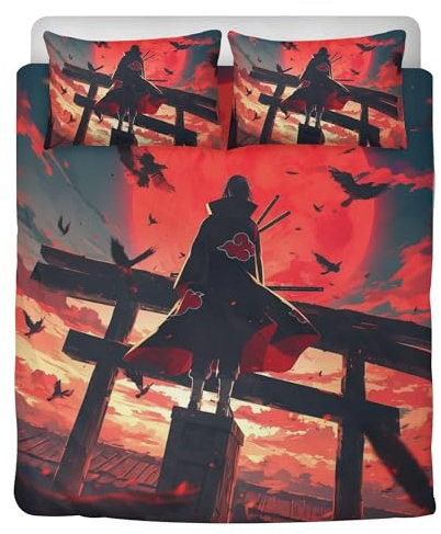 STARSAY Itachi Bettwäsche 135x200cm für Anime-Fans,Rote Wolke Schlafzimmer dekorative Kinder Bettwäsche-Sets,Sharingan Bettbezüge und 2 Kissenbezug (Rote)