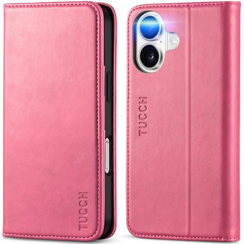 TUCCH Case for iPhone 16 (6.1) 2024 5G, PU Leather Foldable Case with[RFID Blocking][Card Holder][Shockproof TPU][Kickstand], Protective Wallet Flip Stand Folio Compatible with iPhone 16, Hot Pink