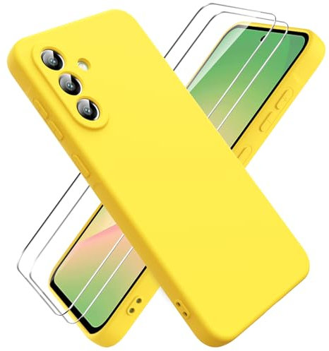 Ikziwreo Hülle für Samsung Galaxy A56 5G Handyhülle, mit 2 Stück Displayschutzfolien, Reiner Farbe Ultradünne Weich Silikonhülle, Stoßfeste Anti-Scratch Gummi Schutzhülle - Gelb
