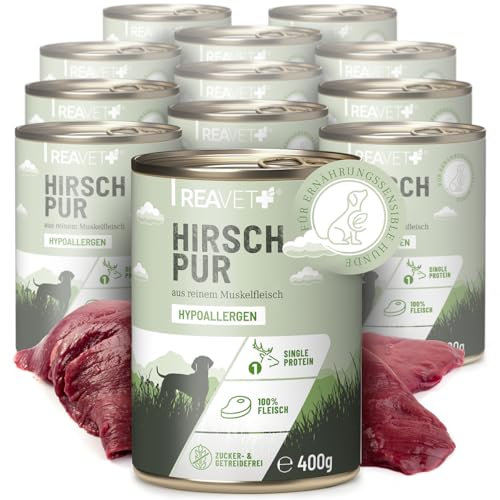 ReaVET Premium Hunde Nassfutter - Hirsch Pur 12 x 400g I Reines Muskelfleisch, Hypoallergen, ohne Getreide & Zusätze, Hundenassfutter sensitiv für Allergiker