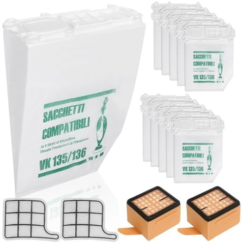 10 Sacchetti per Folletto VK135 VK136 con 2 Filtri HEPA + Filtri Griglia Motore Kit di Ricambi Sostituzione per Vorwerk