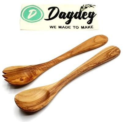 DAGDEG Couverts à salade en bois d'olivier, couverts de service, cuillères de service, couverts en bois, fourchette à salade et cuillère de service, cuillère à salade, set de couverts en bois, env. 30